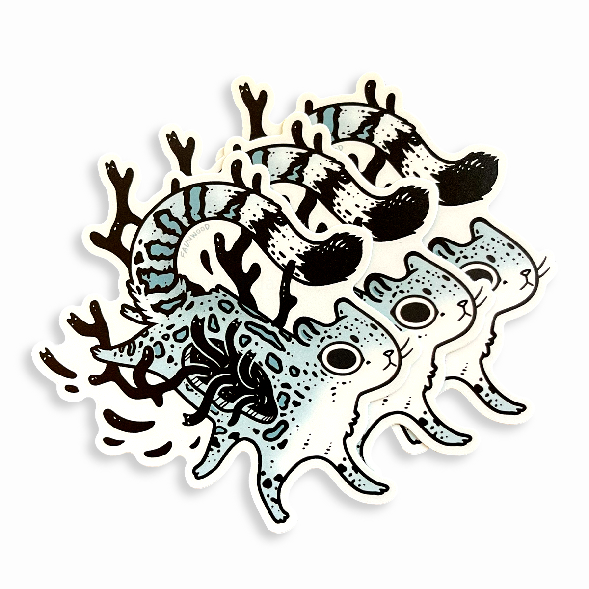 Three matte vinyl sticker of an illustrated snow leopard with black goopy branches growing from within. This listing is for a single sticker, even though three are shown in this photo.