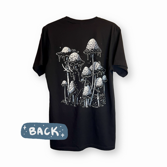 A black unisex t-shirt with a single color pocket-sized screenprint design of a beetle and a mushroom on the front, and a two-color screenprint design of creatures in a forest of ink cap mushrooms on the back.