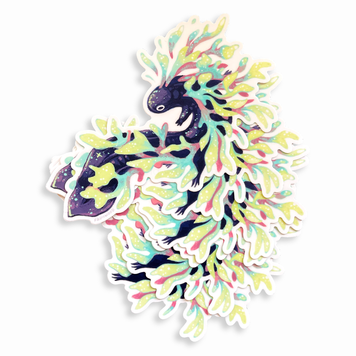 A photo of three matte vinyl stickers depicting a fictional aquatic salamander painting. The salamander is purple with stars on its body and is entangled in colorful kelp. This listing is for a single sticker, even though more are shown in this photo.