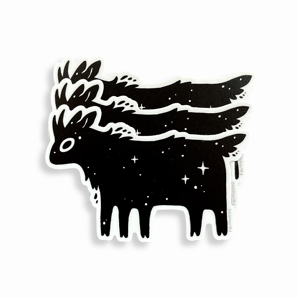 Three matte vinyl stickers of the "Faunwood" mascot– a black goat creature with five legs and stars on its body. This listing is for a single sticker, even though three are depicted here.