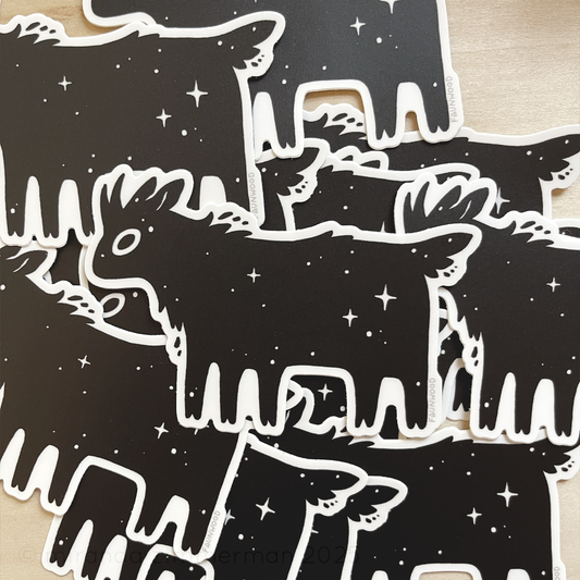 Several matte vinyl stickers of the "Faunwood" mascot– a black goat creature with five legs and stars on its body. This listing is for a single sticker, even though several are depicted here.