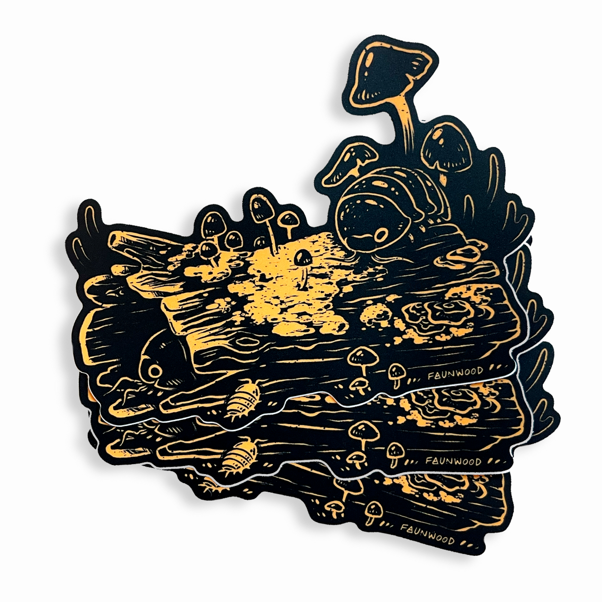 Three decorative matte vinyl sticker with a black and gold illustration of mushrooms and isopods on a mossy log. This listing is for a single sticker, even though three are shown in this photo.