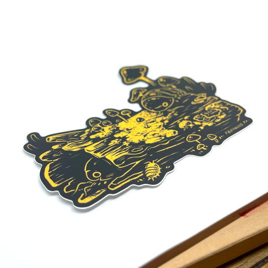 Decorative matte vinyl sticker with a black and gold illustration of mushrooms and isopods on a mossy log.