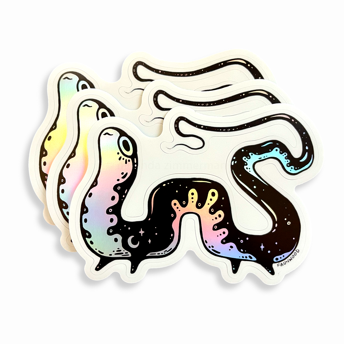 Three holographic vinyl stickers depicting a black and white illustrated salamander creature (the listing is for a single sticker, even though three are pictured).