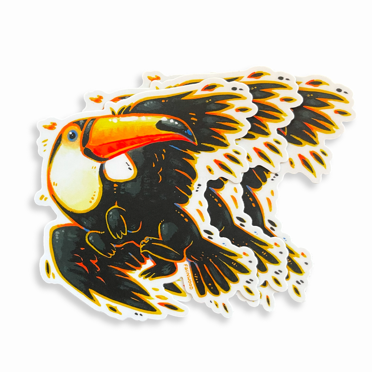 Three matte vinyl stickers featuring an illustration of a mythical toucan-gryphon. This listing is for a single sticker, even though this photo depicts three of them stacked together.