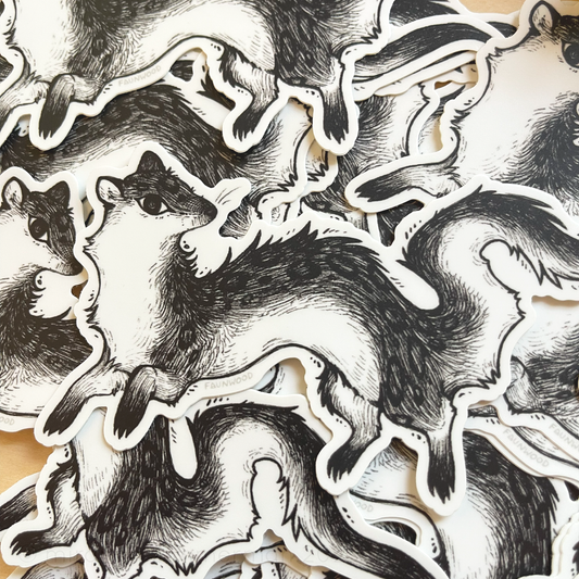 Several matte vinyl stickers of an illustrated pen & ink weasel. This listing is for a single sticker, even though several are shown in this photo.