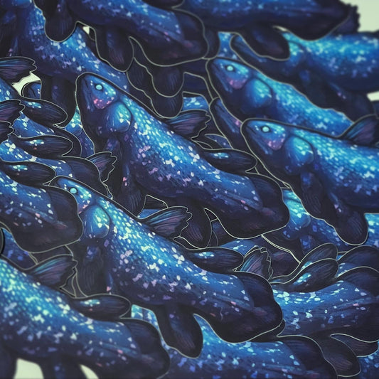 Dark blue and black coelacanth sticker with matte holographic elements.