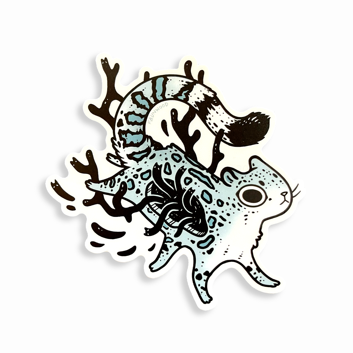A matte vinyl sticker of an illustrated snow leopard with black goopy branches growing from within.
