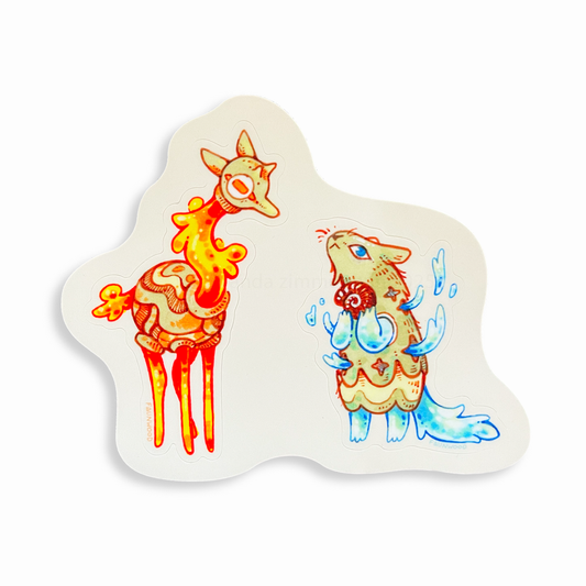 A matte vinyl sticker sheet with two individual stickers on it.  On the left is a mythical red deer creature, and on the right is a blue fox creature.  The background of the sticker is ivory.