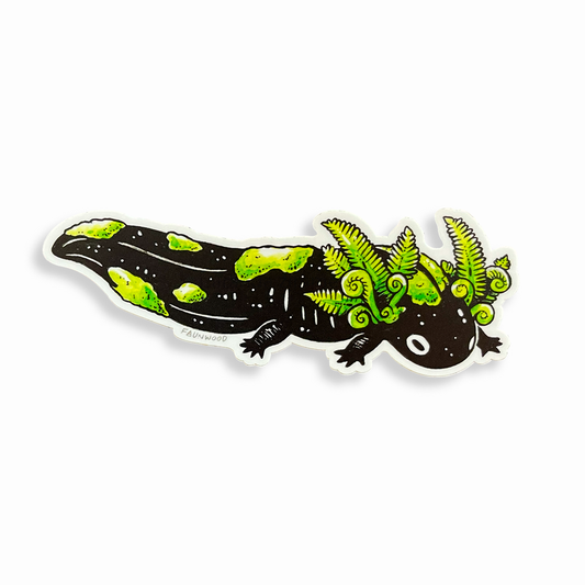 A matte vinyl sticker depicting a black illustrated axolotl with ferns for gills, covered in patches of moss.