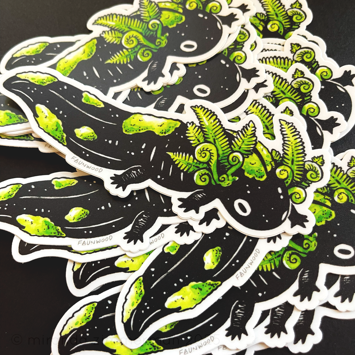 A photo showing several matte vinyl stickers depicting a black illustrated axolotl with ferns for gills, covered in patches of moss.  This listing is for one single sticker, even though more are pictured here.