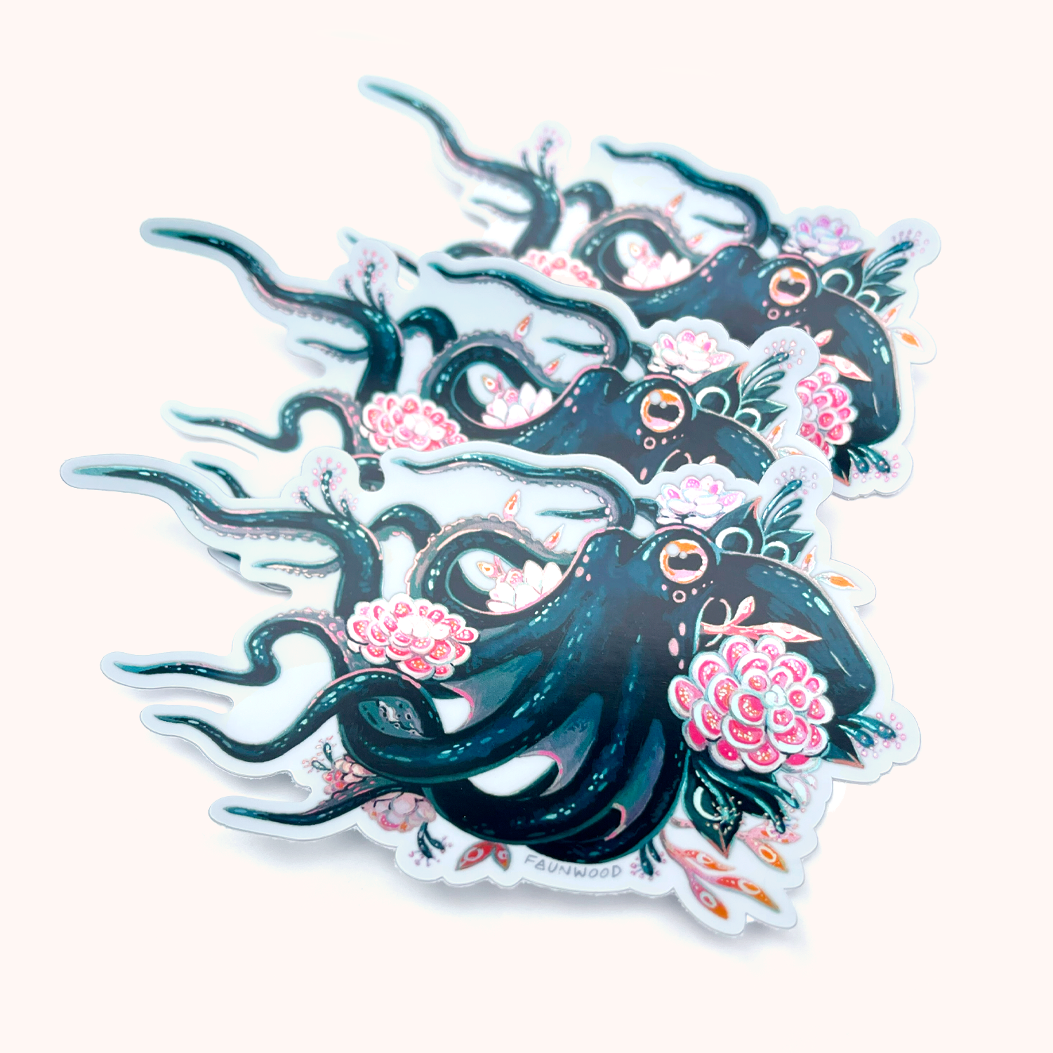 Three die cut holographic vinyl stickers depicting a colorful octopus adorned with carnivorous plants.  This listing is for a single sticker, even though three are pictured in this photo.
