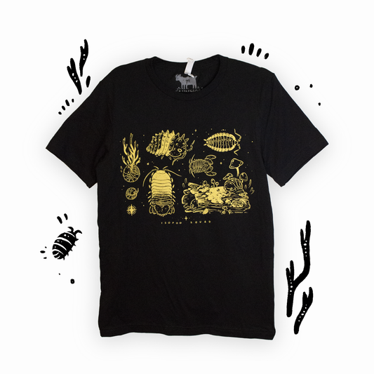 A black unisex t-shirt with a single color (light yellow) screen print of various isopod illustrations.