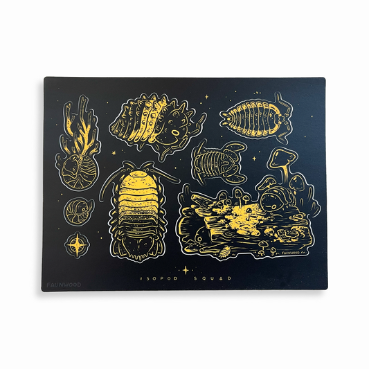A matte vinyl sticker sheet with several black and yellow isopod illustrations.