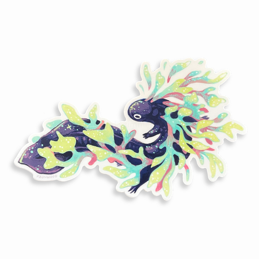 Matte vinyl sticker of a fictional aquatic salamander painting.  The salamander is purple with stars on its body and is entangled in colorful kelp.