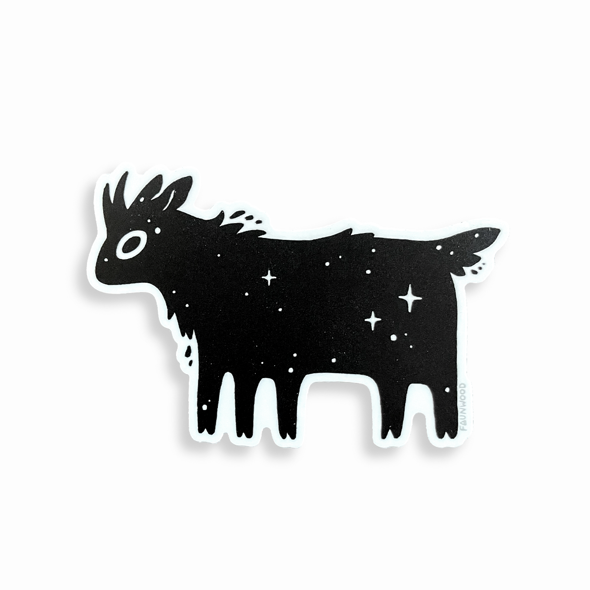 A matte vinyl sticker of the "Faunwood" mascot– a black goat creature with five legs and stars on its body.