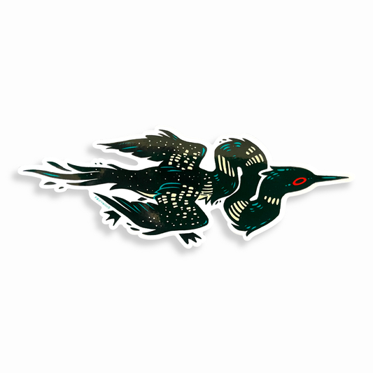 A transparent vinyl sticker of an illustrated Loon with an extra long and twisty neck.