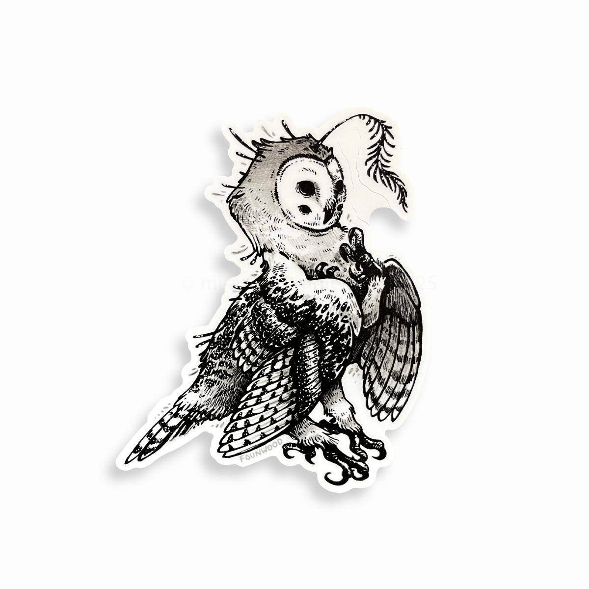 Vinyl sticker depicting a black and white owl-creature