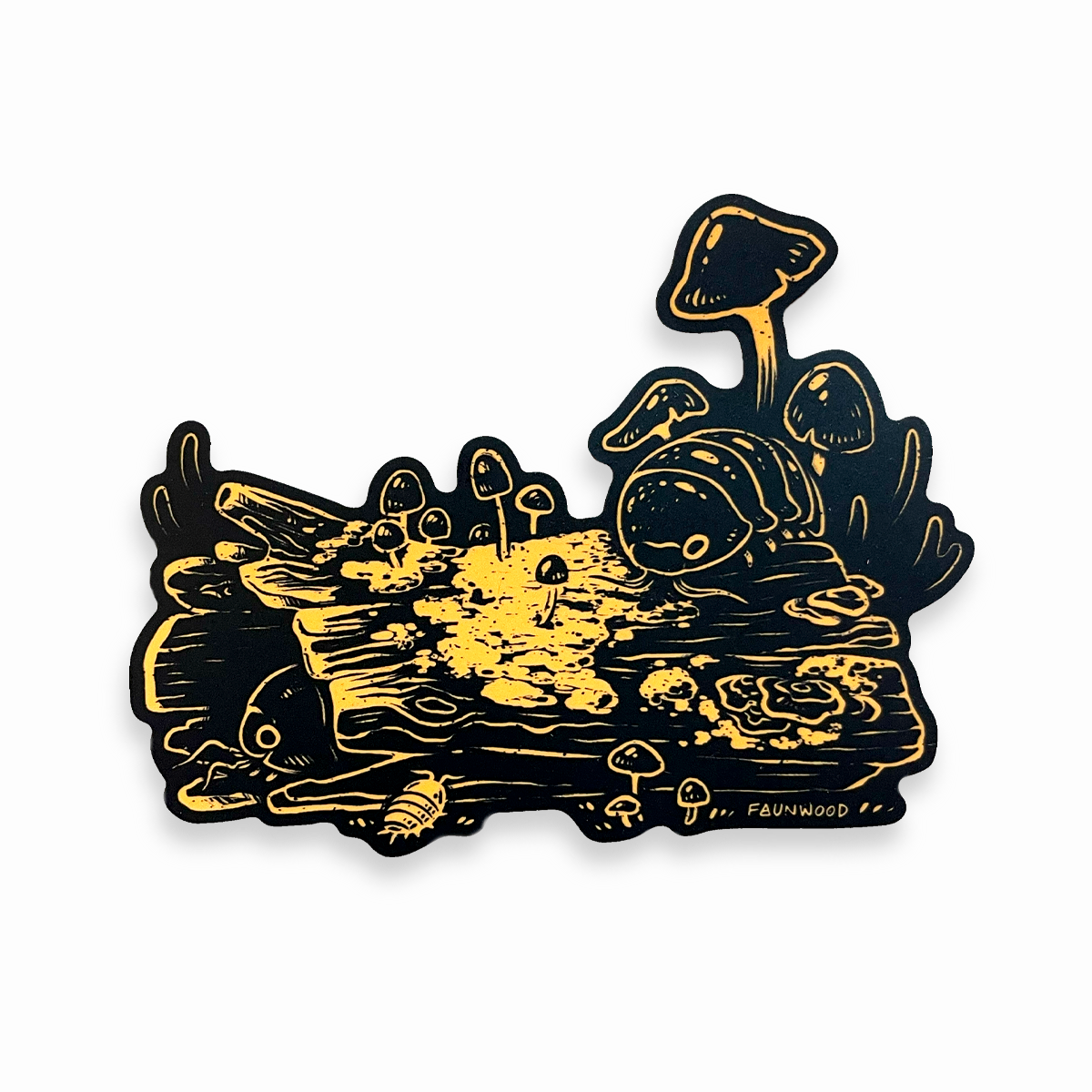 Decorative matte vinyl sticker with a black and gold illustration of mushrooms and isopods on a mossy log.