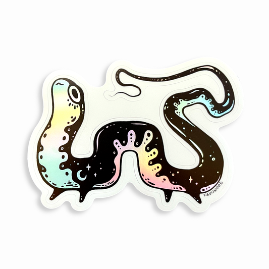 A holographic vinyl sticker depicting a black and white illustrated salamander creature.