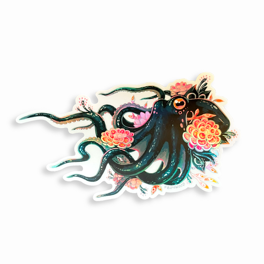 A die cut holographic vinyl sticker depicting a colorful octopus adorned with carnivorous plants.