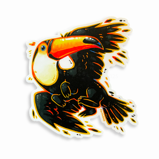 A matte vinyl sticker featuring an illustration of a mythical toucan-gryphon.