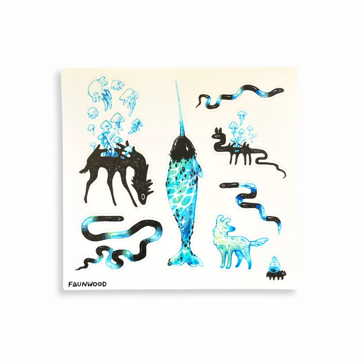 A matte vinyl sticker sheet with traditionally illustrated water-themed creatures.  Designs include snakes, a water dog, and a narwhal.
