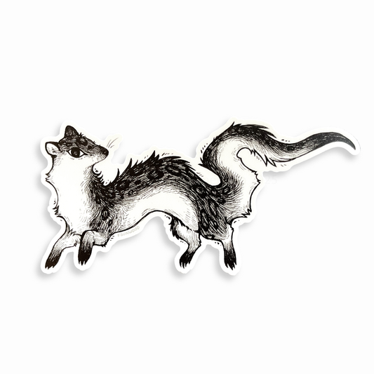 Matte vinyl sticker of an illustrated pen & ink weasel.