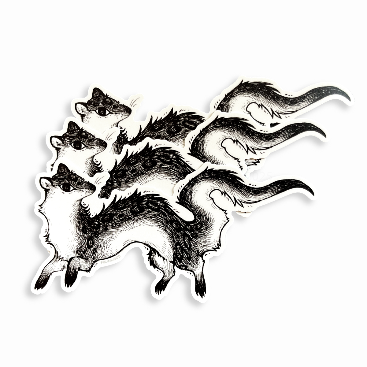 Three matte vinyl stickers of an illustrated pen & ink weasel.  This listing is for a single sticker, even though three are shown in this photo.